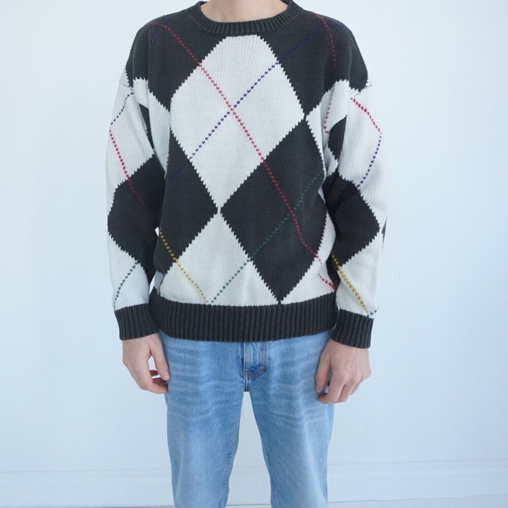 Vintage James River Traders Gray White Argyle Knit Crew Neck Sweater Large